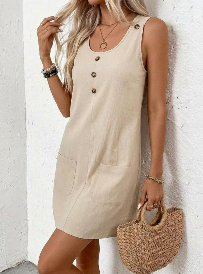 Askılı Yuvarlak Yakalı Önden Düğmeli Cep Detaylı Kısa Elbise