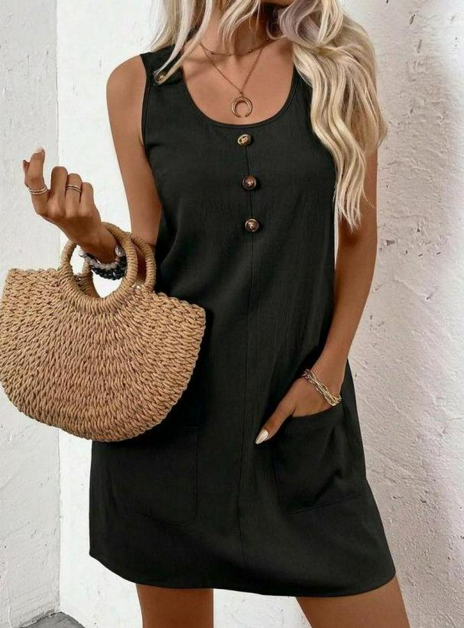 Askılı Yuvarlak Yakalı Önden Düğmeli Cep Detaylı Kısa Elbise