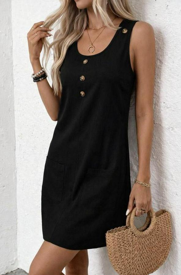 Askılı Yuvarlak Yakalı Önden Düğmeli Cep Detaylı Kısa Elbise