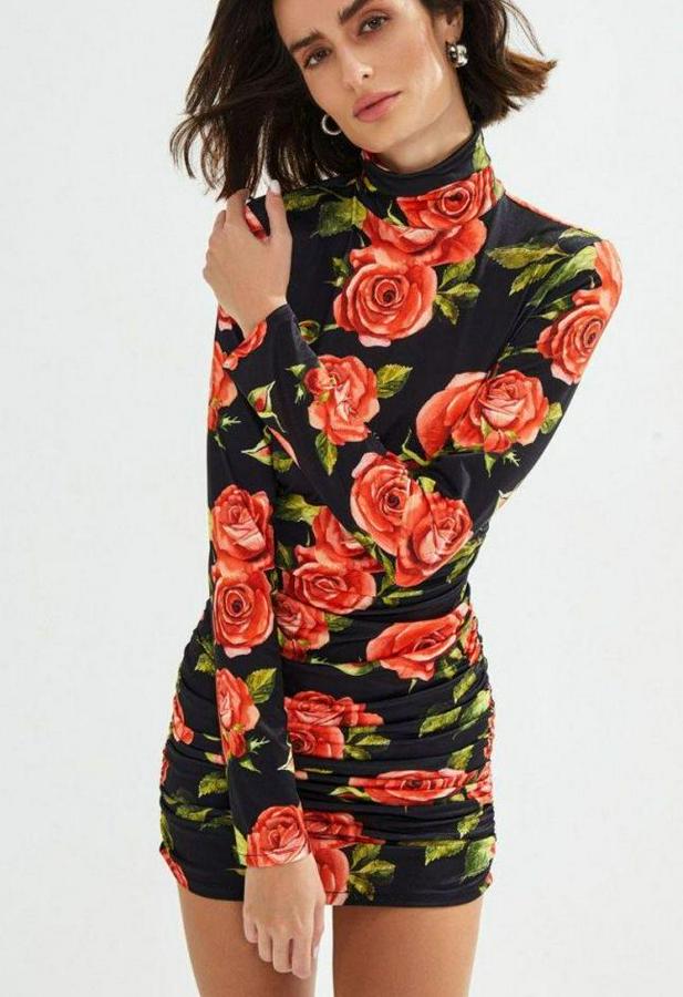Balıkçı Yaka Gül Baskılı Fırsat Ürün Mini Elbise