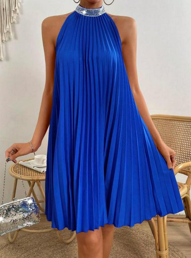 Balıkçı Yaka Omuzlardan Açık Pılelı Kısa Janjan Krep Elbise