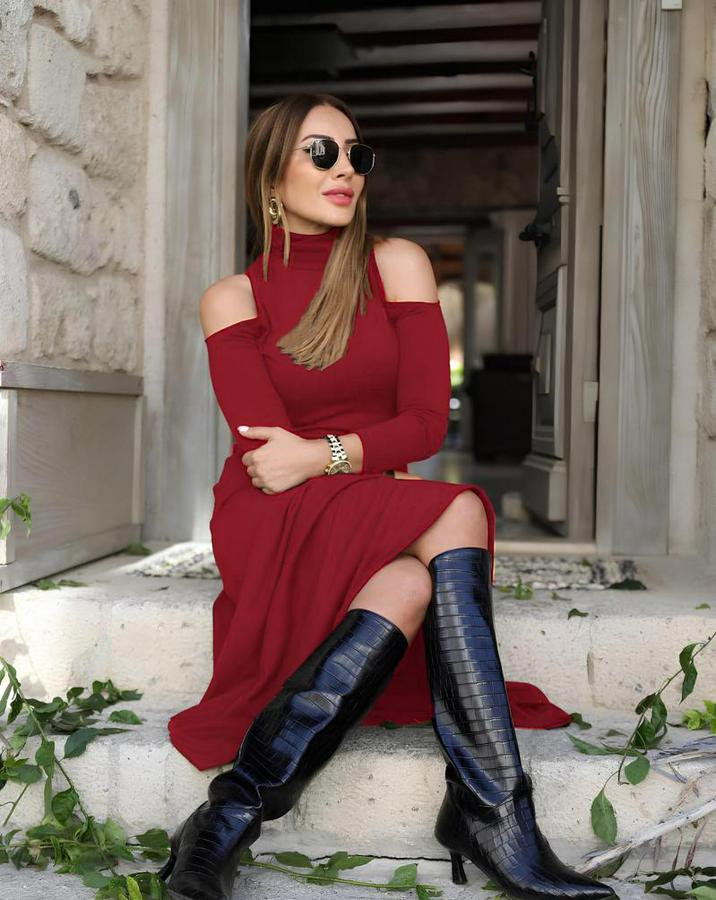 Balıkçı Yaka Omuzlardan Açık Uzun Kollu Janjan Krep Elbise