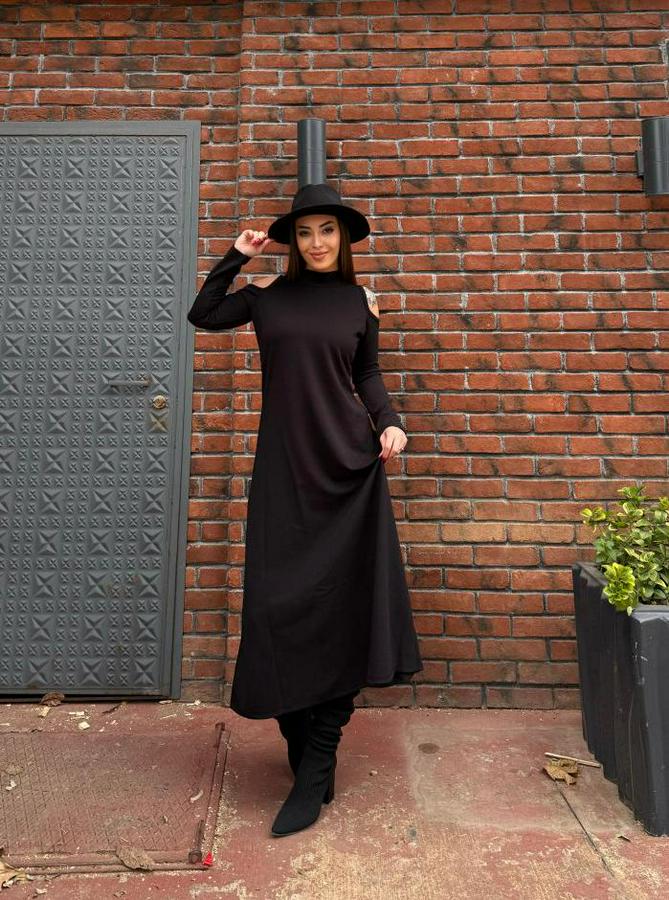 Balıkçı Yaka Omuzlardan Açık Uzun Kollu Janjan Krep Elbise