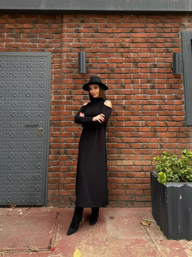 Balıkçı Yaka Omuzlardan Açık Uzun Kollu Janjan Krep Elbise