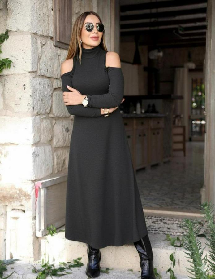 Balıkçı Yaka Omuzlardan Açık Uzun Kollu Janjan Krep Elbise