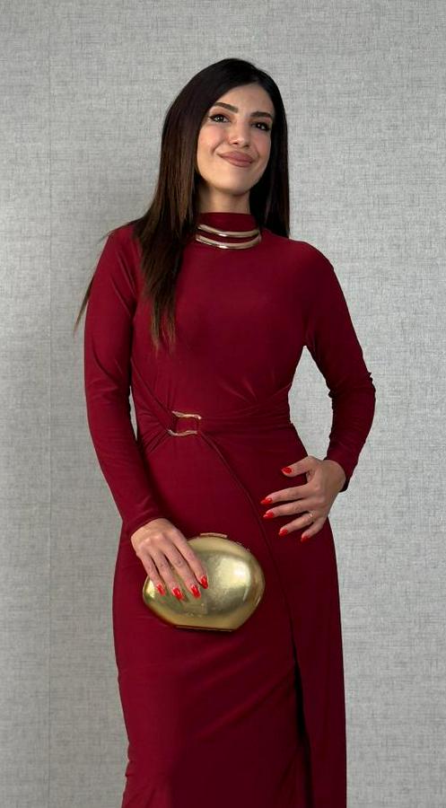 Balıkçı Yaka Toka Detay Sandy Kumaş Midi Boy Elbise