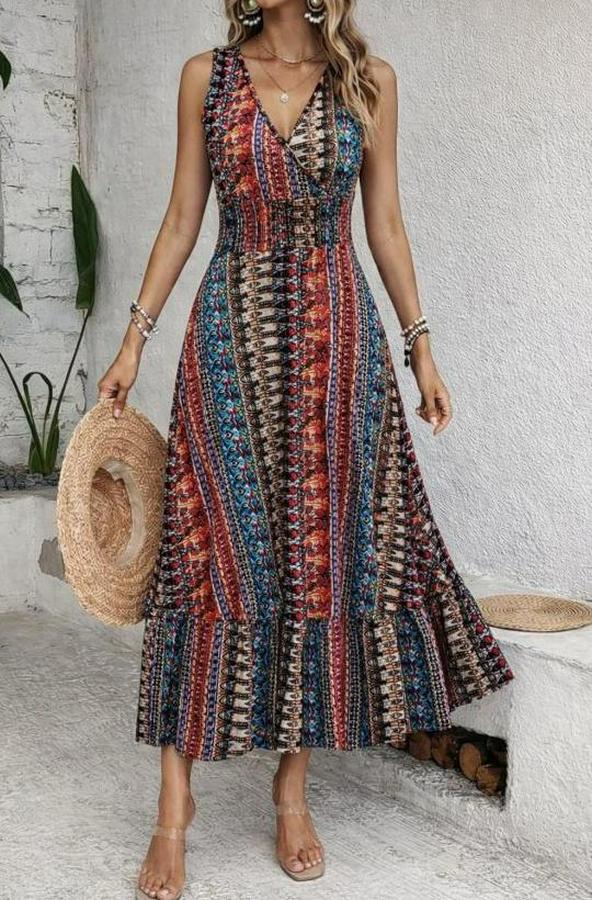 Beli Gipeli Etnik Desen Sıfır Kol Süprem Elbise