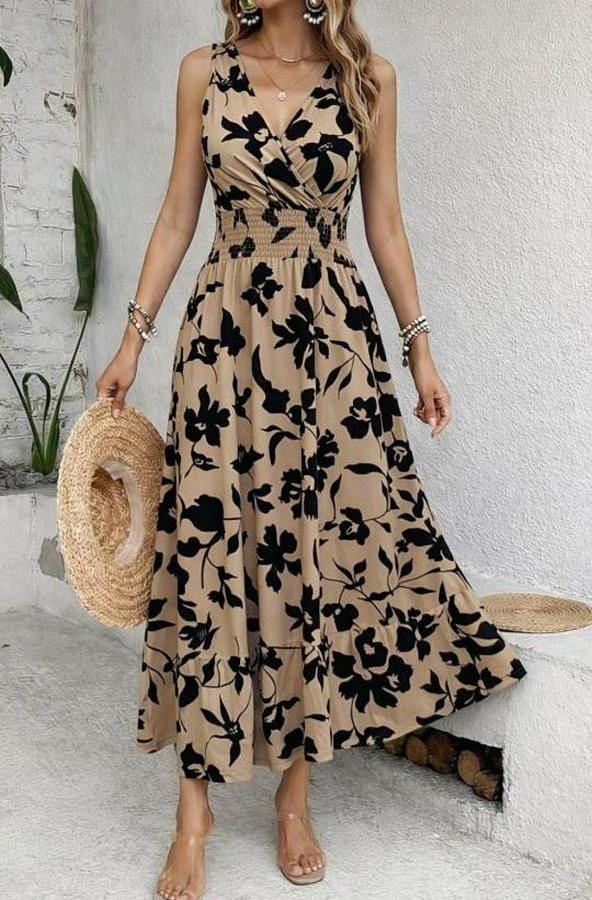 Beli Gipeli Etnik Desen Sıfır Kol Süprem Elbise