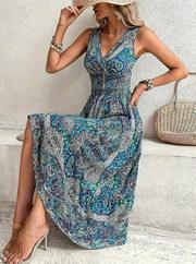 Beli Gipeli Etnik Desen Sıfır Kol Süprem Elbise