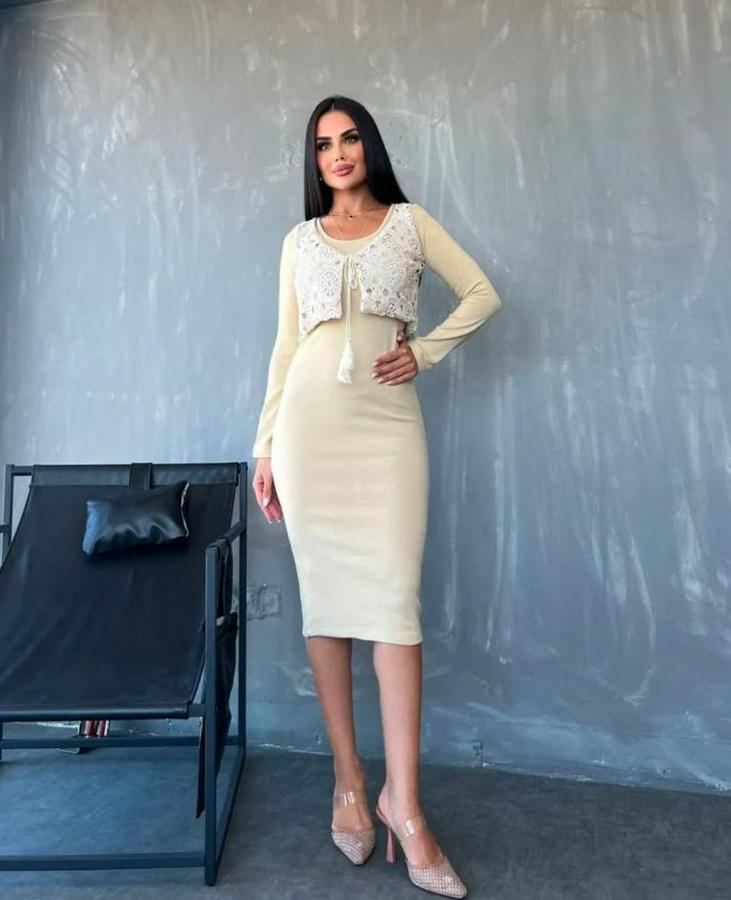 Bisiklet Yaka Midi Boy Elbise Ve Dantel Güpür Detay Yelek Fırsat Ürün Ikili Takım