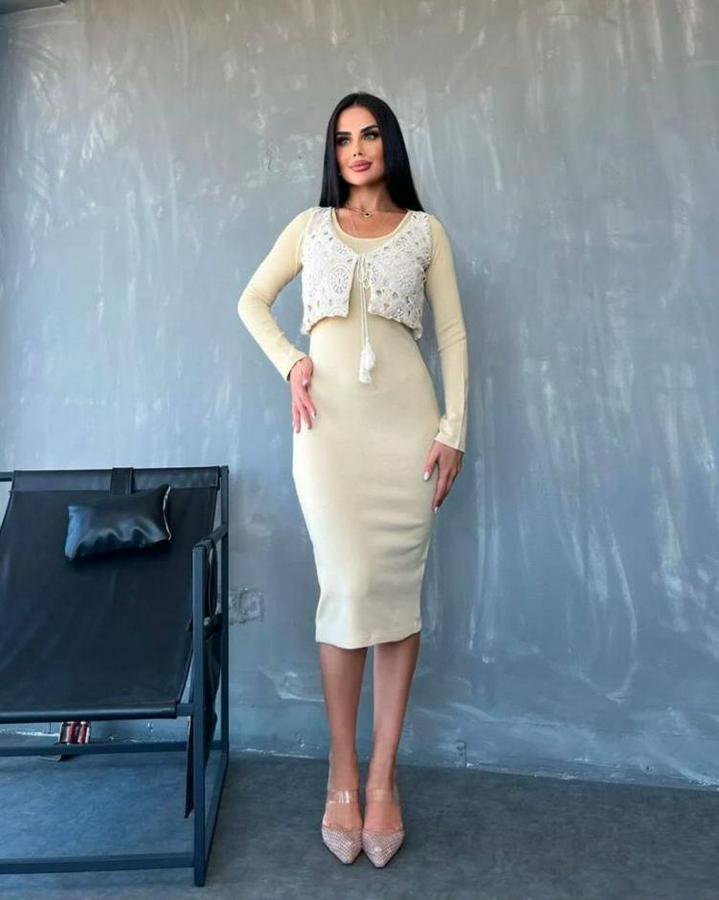 Bisiklet Yaka Midi Boy Elbise Ve Dantel Güpür Detay Yelek Fırsat Ürün Ikili Takım