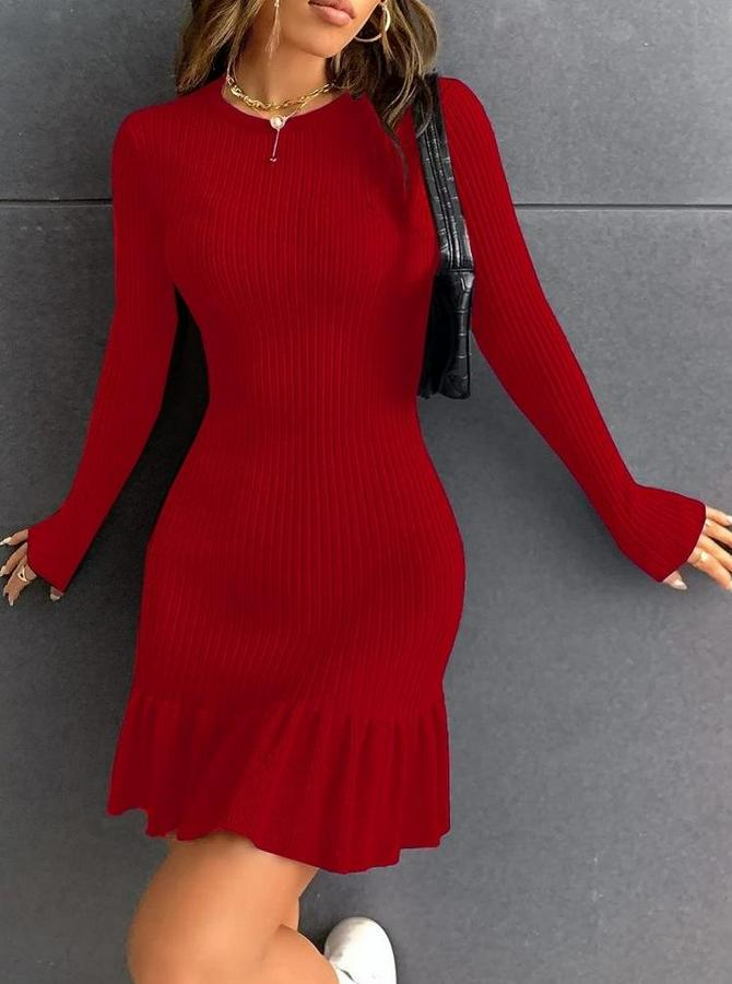 Bisiklet Yaka Uzun Kol Etek Ucu Fırfırlı Triko (Polyenit) Mini Boy Elbise