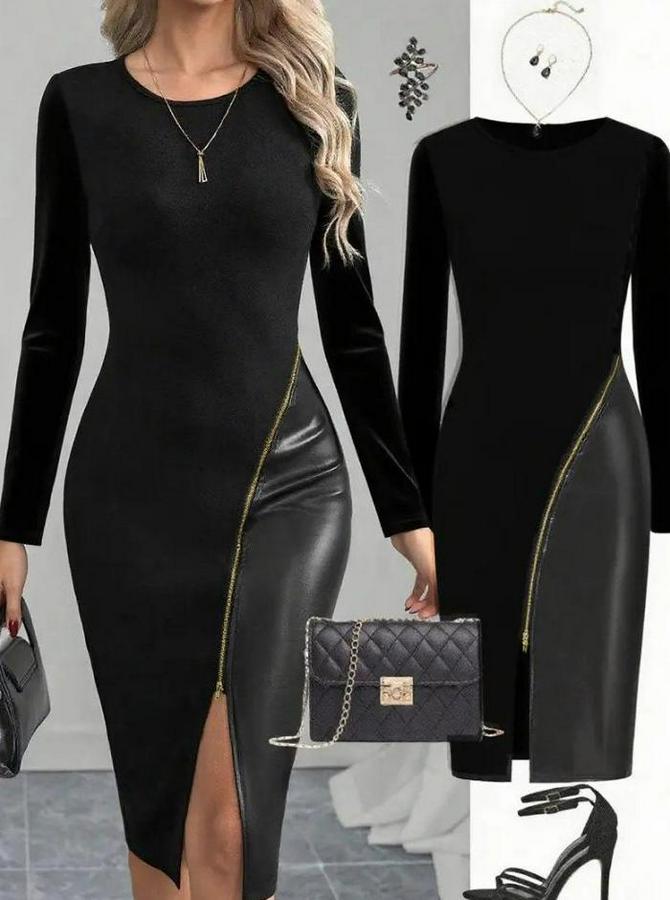 Bisiklet Yaka Uzun Kollu Deri Ve Fermuar Detay Mini Yırtmaçlı Elbise