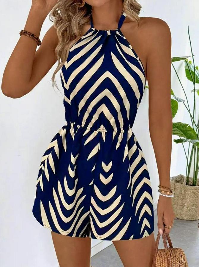 Boyundan Askılı Halter Yakalı Desenli Süprem Tulum