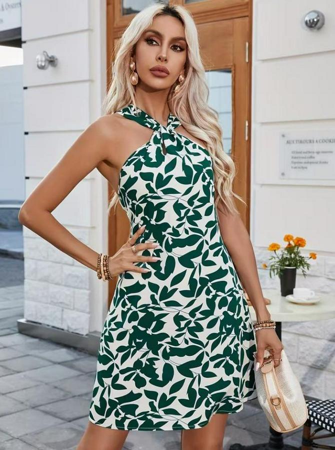 Boyundan Çapraz Askı Damla Detaylı Omuzlardan Açık Desenli Kısa Süprem Elbise