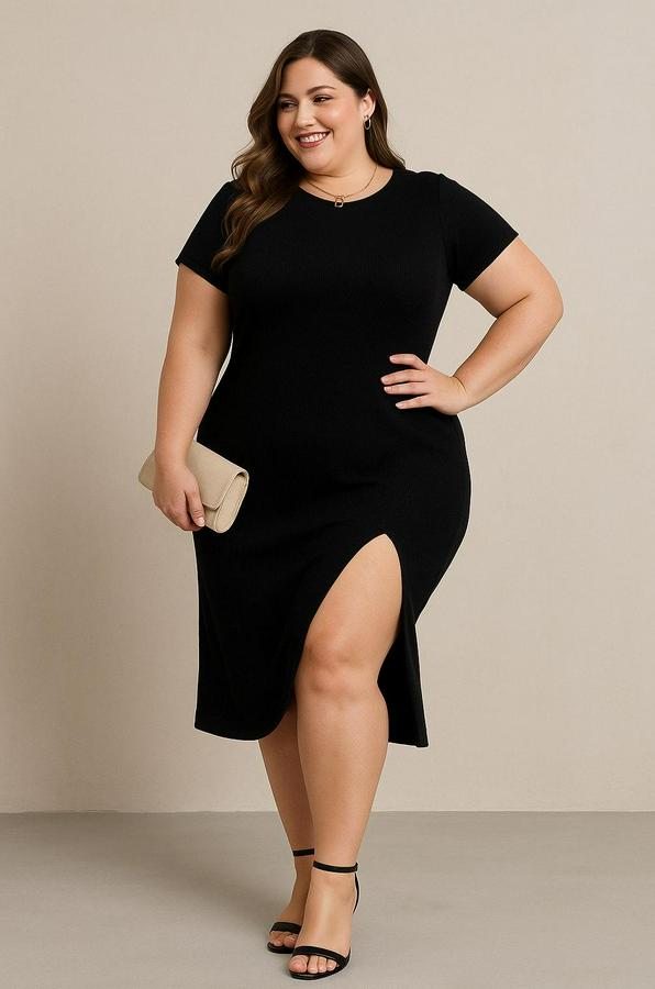 Büyük Beden Kısa Kollu Yanı Yırtmaçlı Bisiklet Yaka Viskon Elbise