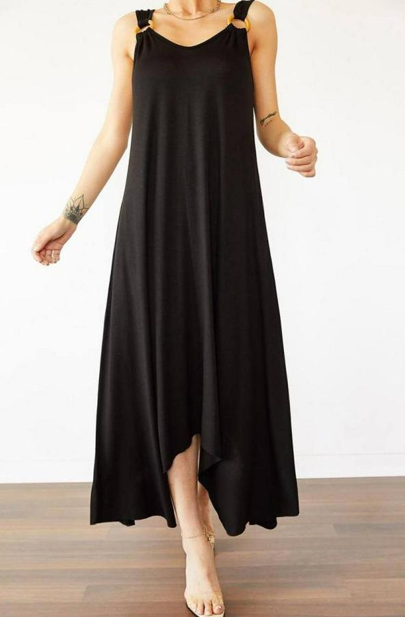 Çan Dokuma Kumaş V Yaka Asimetrik Kesim Elbise