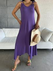 Çan Dokuma Kumaş V Yaka Asimetrik Kesim Elbise