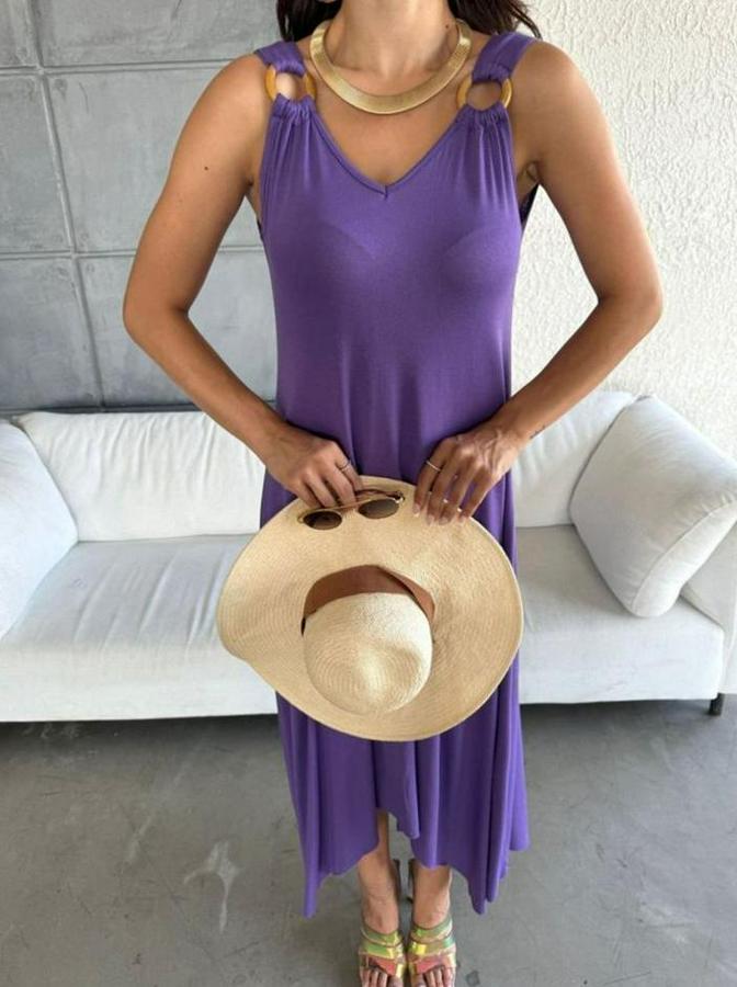 Çan Dokuma Kumaş V Yaka Asimetrik Kesim Elbise