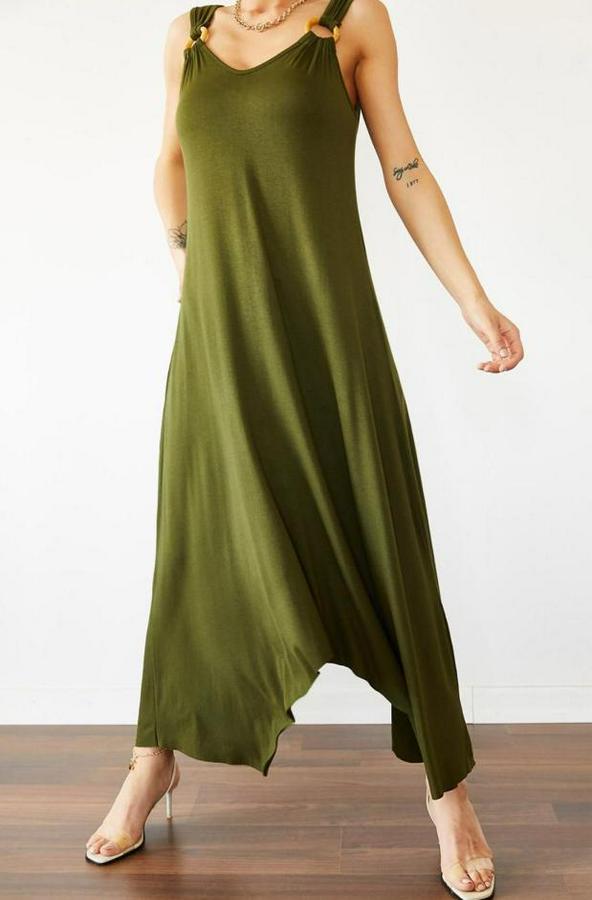 Çan Dokuma Kumaş V Yaka Asimetrik Kesim Elbise