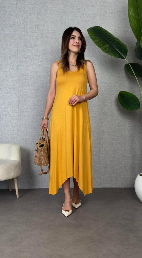 Çan Dokuma Kumaş V Yaka Asimetrik Kesim Elbise