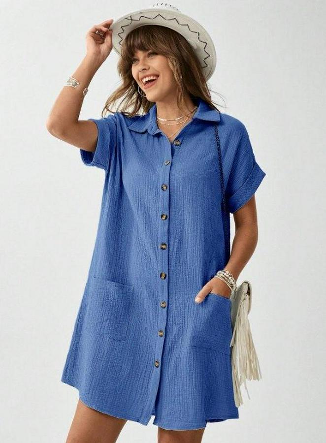 Cep Detay Müslin Kumaş Mini Gömlek Elbise