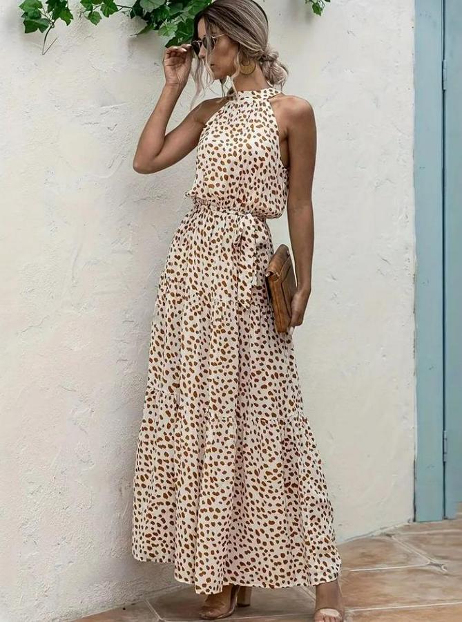 Daire Yakalı Beli Lastikli Desenli Süprem Elbise