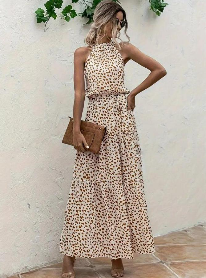 Daire Yakalı Beli Lastikli Desenli Süprem Elbise