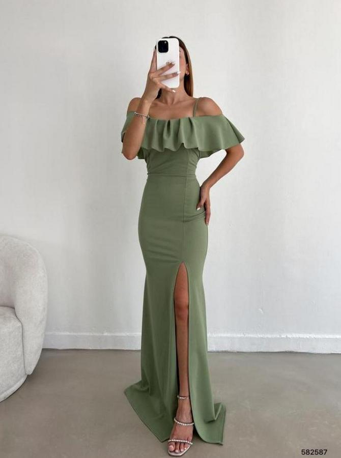 Dalgıç Krep Yırtmaç Detaylı Askılı Maxi Boy Elbise
