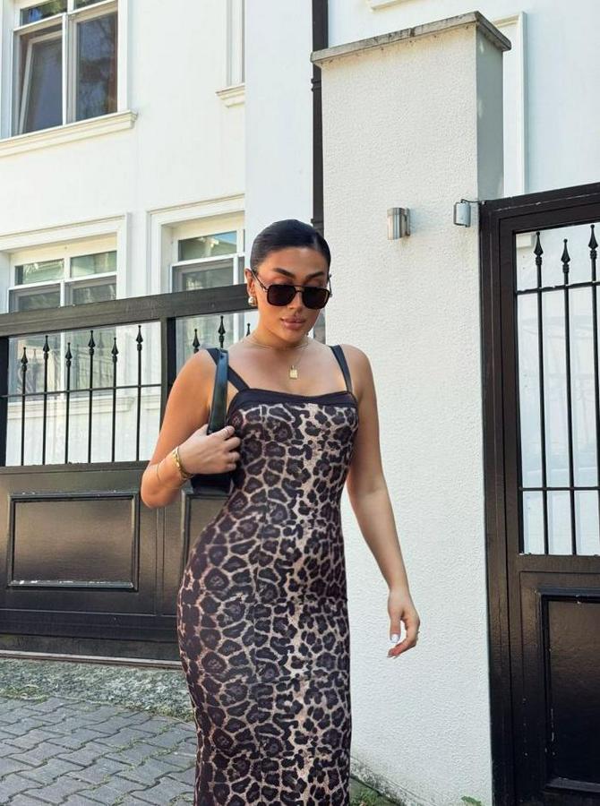 Dalgıç Kumaş Dijital Leopar Baskılı Midi Boy Elbise