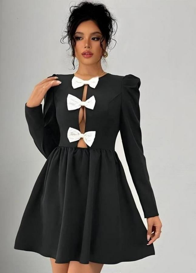 Dalgıç Kumaş Fiyonk Detaylı Uzun Kollu Mini Boy Elbise