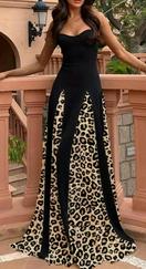 Dalgıç Kumaş Leopar Desenli Kloş Elbise