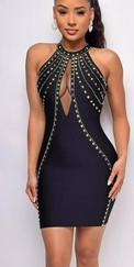 Dalgıç Kumaş Taş Detaylı Mini Boy Elbise