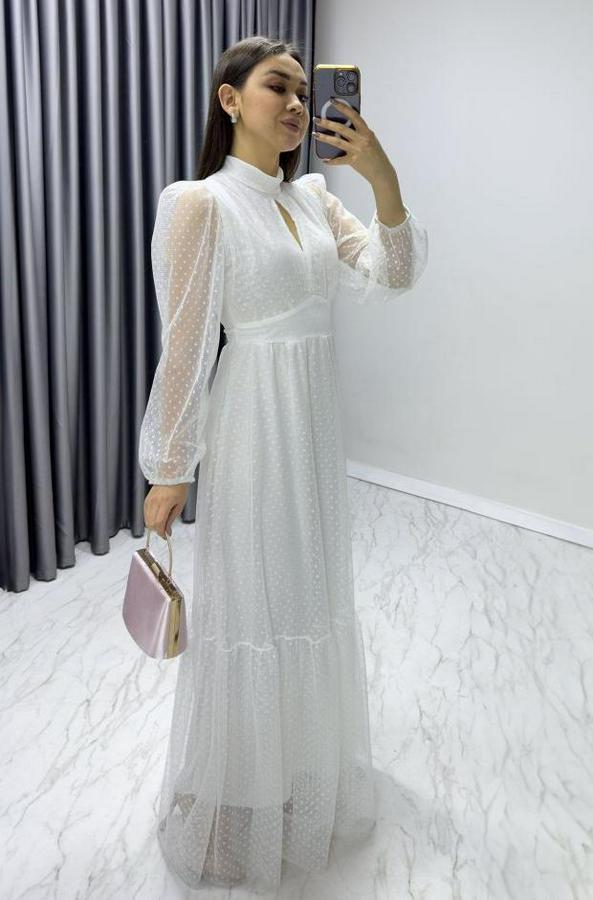 Damla Yaka Sırt Dekolteli Astarlı Tül Elbise