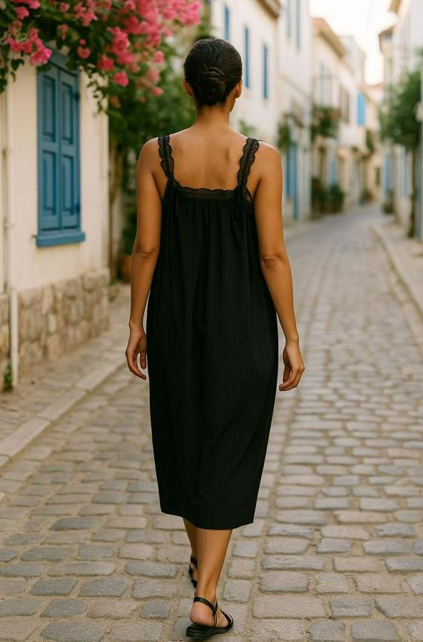 Dantel Askılı Kare Yakalı Uzun Viskon Elbise