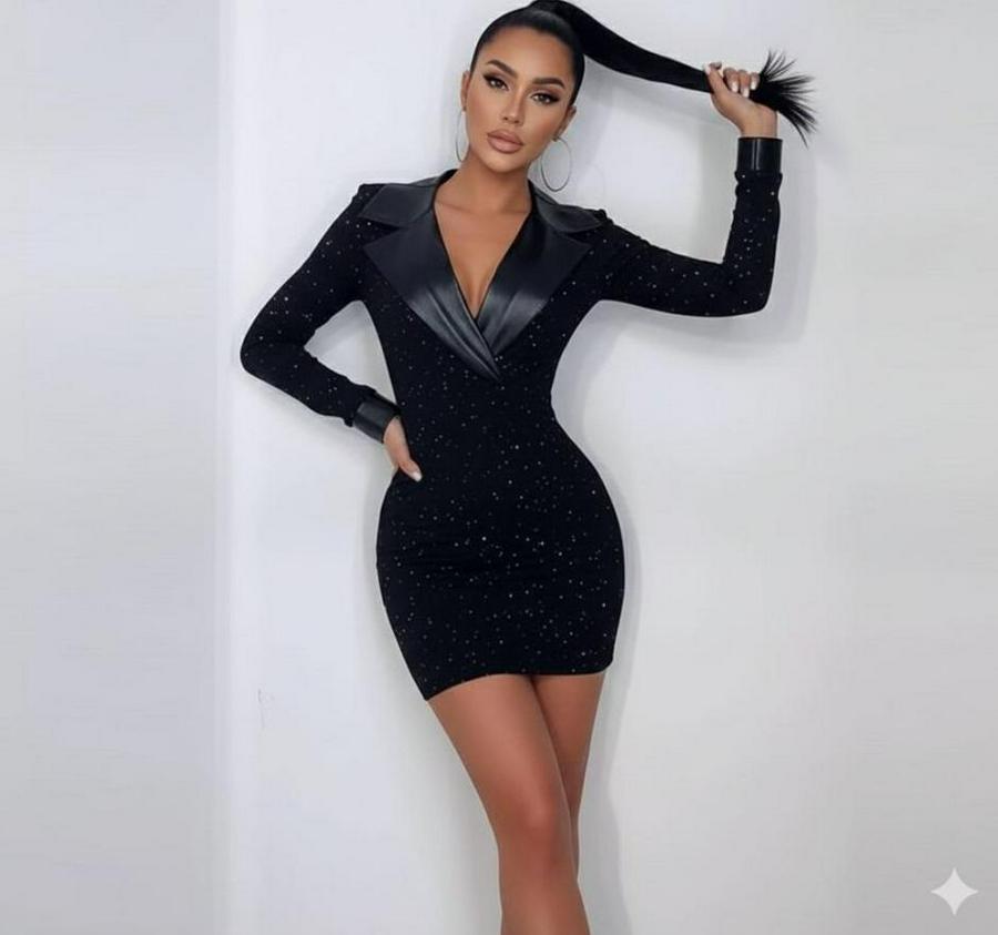 Deri Detaylı Manşet Yaka Simli Fukara Kumaş Mini Elbise