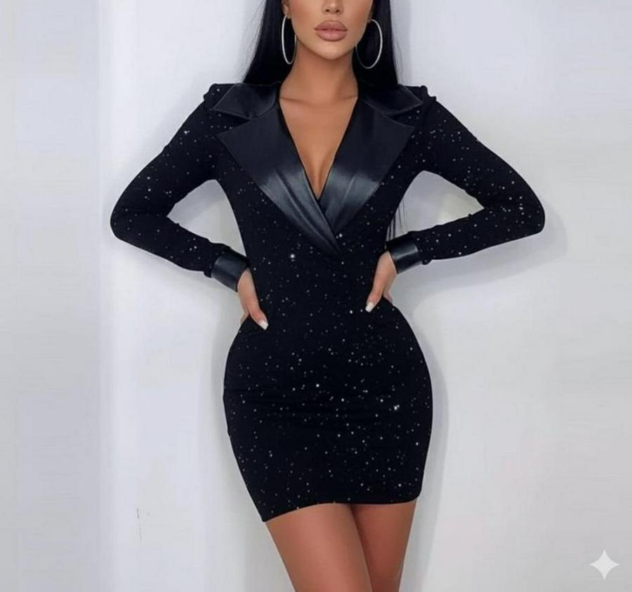 Deri Detaylı Manşet Yaka Simli Fukara Kumaş Mini Elbise