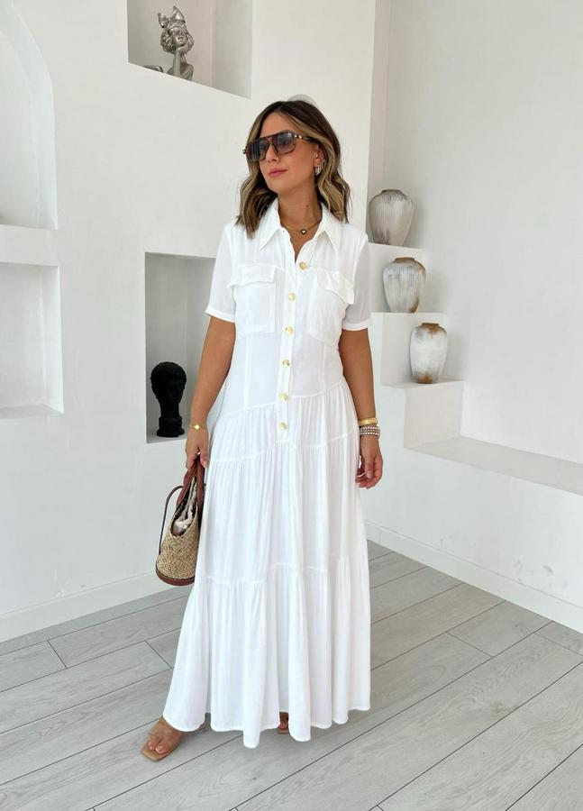 Dokuma Kumaş Cep Detaylı Maxi Boy Gömlek Elbise