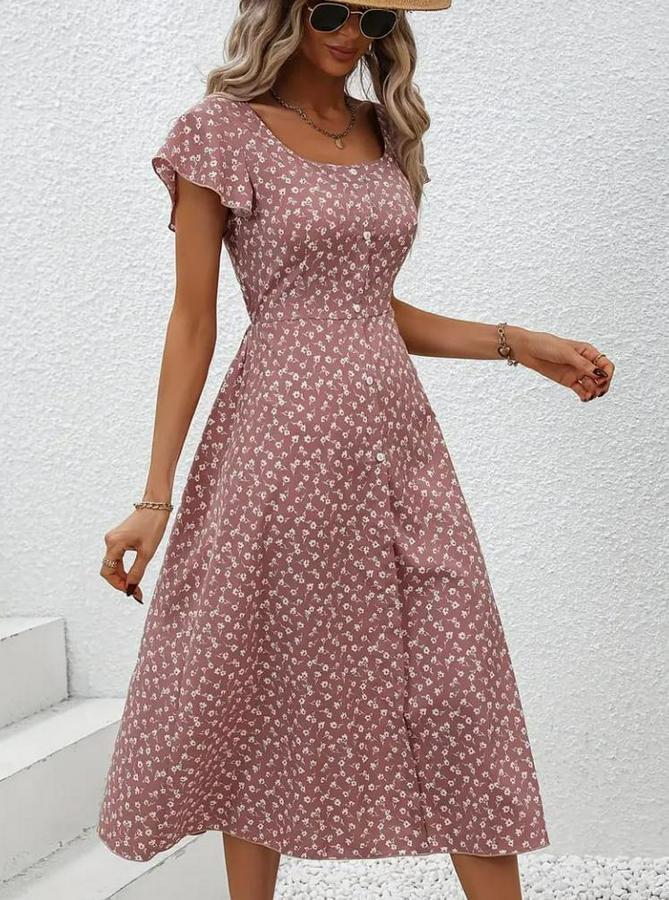 Düğme Detaylı Çiçek Desen Midi Boy Süprem Kloş Elbise