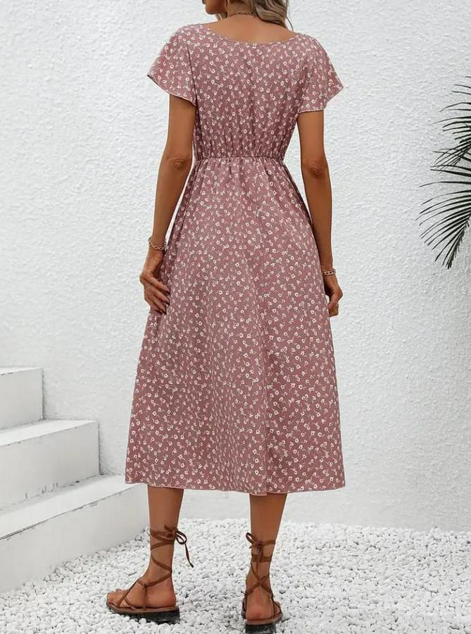 Düğme Detaylı Çiçek Desen Midi Boy Süprem Kloş Elbise