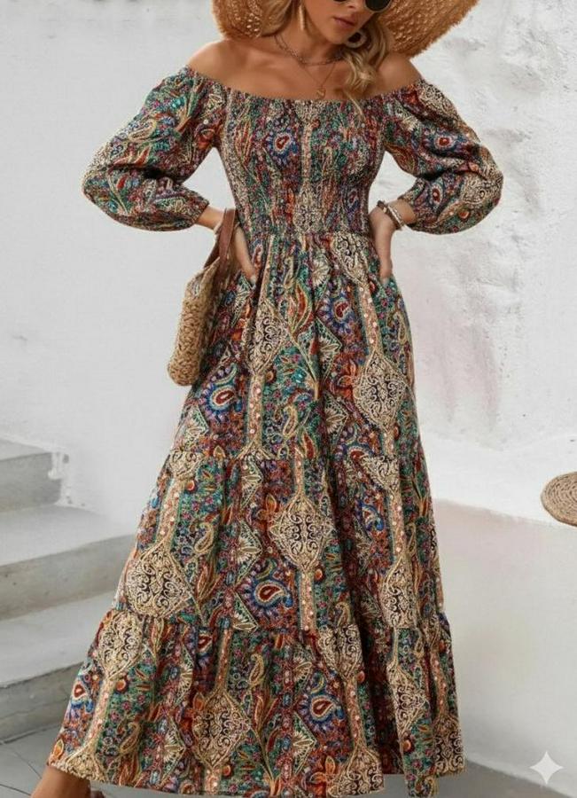 Düşük Omuzlu Beli Büzgülü Dijital Desenli Kesik Elyaf Süprem Uzun Elbise