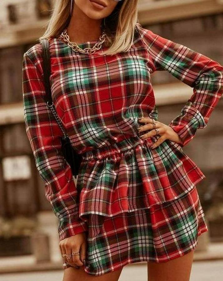 Ekose Kumaş Dijital Baskılı Uzun Kollu Mini Boy Elbise