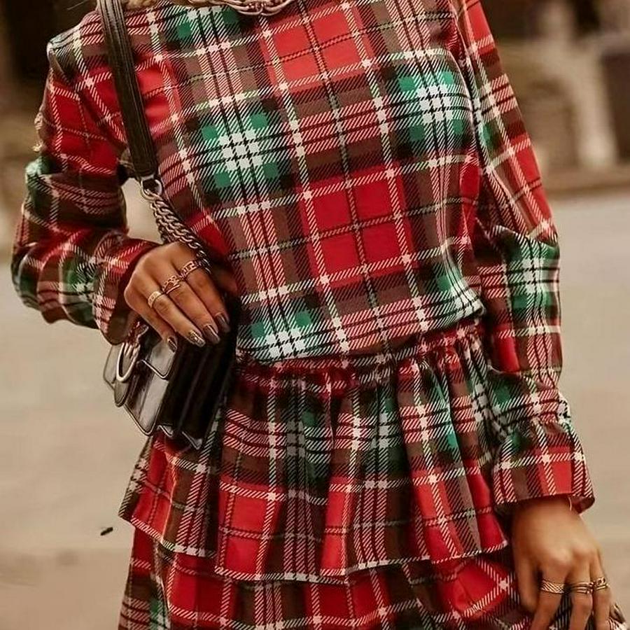 Ekose Kumaş Dijital Baskılı Uzun Kollu Mini Boy Elbise