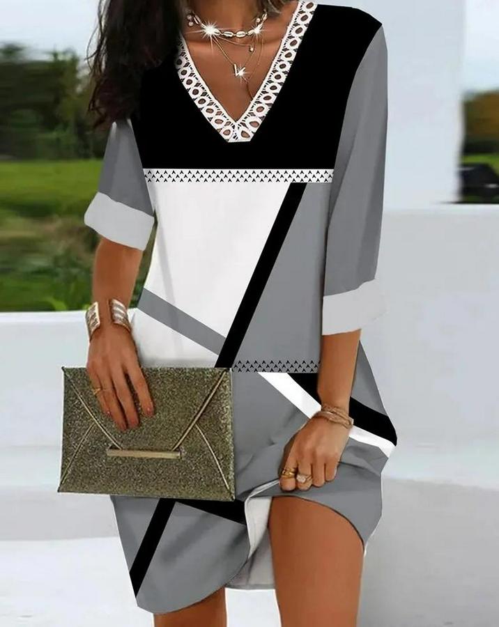 Fakir Kollu V Dantel Yaka Geometrik Desenli Dalgıç Elbise