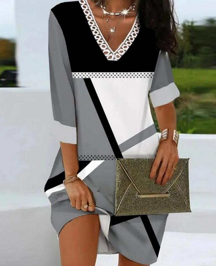 Fakir Kollu V Dantel Yaka Geometrik Desenli Dalgıç Elbise