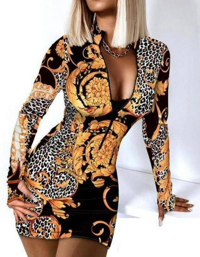 Fermuar Detay Dalgıç Kumaş Desenli Elbise