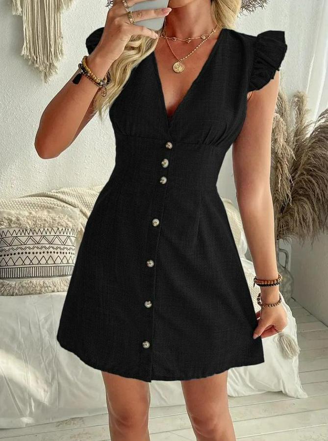 Fırfır Kollu V Yakalı Düğmeli Keten Elbise