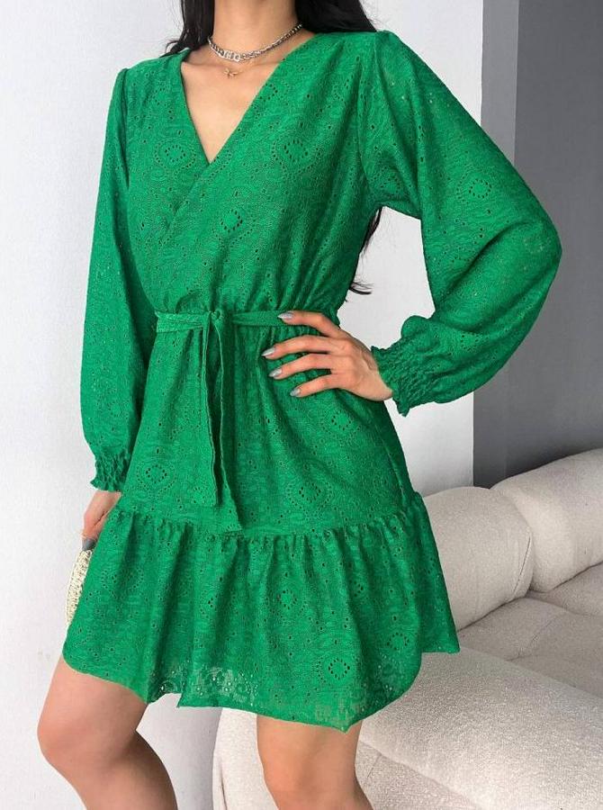 Fırsat Ürünü Kruvaze Yaka Güpürlü Mini Elbise