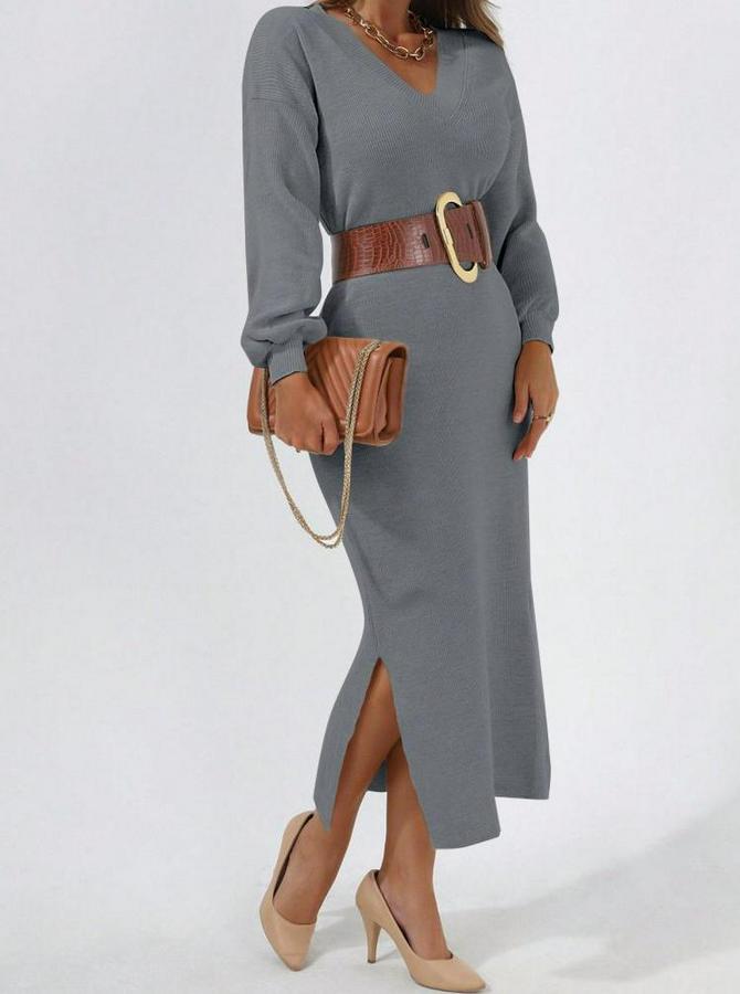 Gri Uzun Kollu Yırtmaçlı V Yaka Triko Elbise