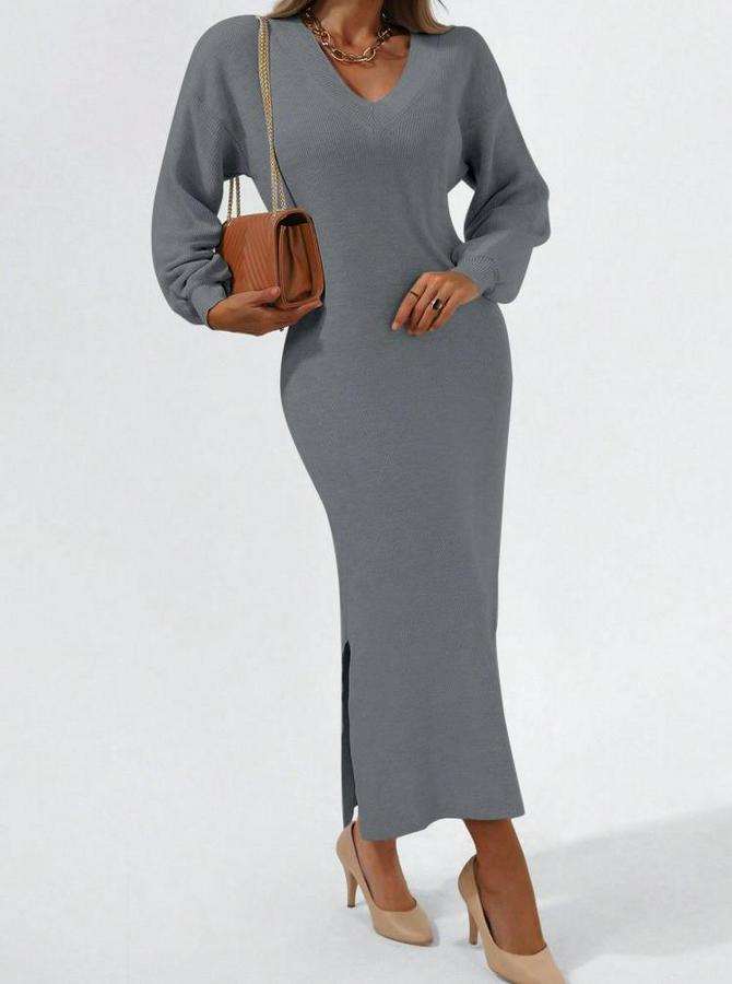 Gri Uzun Kollu Yırtmaçlı V Yaka Triko Elbise